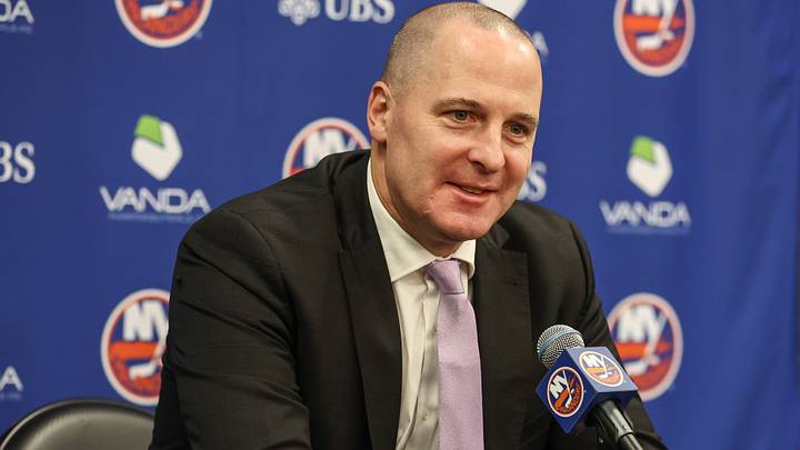 Nov 22, 2025; Elmont, New York, USA; New York Islanders General Manager Mathieu Darche speaks with fans at a pre-game event prior to the game against the St. Louis Blues at UBS Arena. Nov 22, 2025; Elmont, New York, USA; New York Islanders General Manager Mathieu Darche speaks with fans at a pre-game event prior to the game against the St. Louis Blues at UBS Arena.