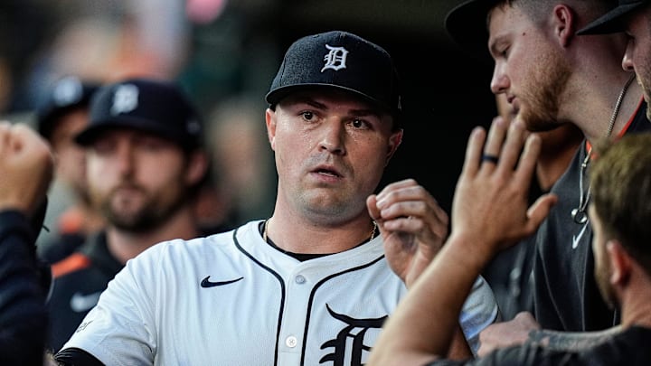 Detroit Tigers pitcher Tarik Skubal high-fives teammates in the dugout after a pitching change during the seventh inning at Comerica Park in Detroit on Wednesday, May 14, 2025.