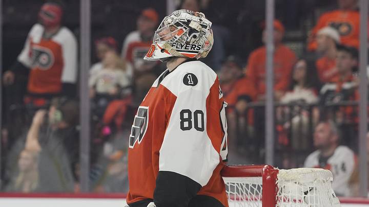 May 9, 2026; Philadelphia, Pennsylvania, USA; Philadelphia Flyers goaltender Dan Vladar (80) looks on during the second period against the Carolina Hurricanes in game four of the second round of the 2026 Stanely Cup Playoffs at Xfinity Mobile Arena. Mandatory Credit: James Lang-Imagn Images May 9, 2026; Philadelphia, Pennsylvania, USA; Philadelphia Flyers goaltender Dan Vladar (80) looks on during the second period against the Carolina Hurricanes in game four of the second round of the 2026 Stanely Cup Playoffs at Xfinity Mobile Arena. Mandatory Credit: James Lang-Imagn Images