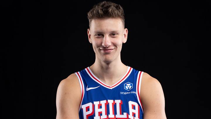 Sep 26, 2025; Camden, NJ, USA; Philadelphia 76ers Igor Milicic Jr (41) poses for a photo during media day. Mandatory Credit: Bill Streicher-Imagn Images
