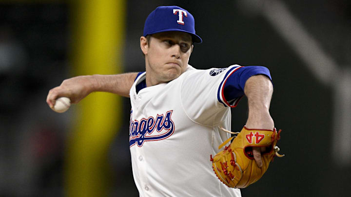 Aug 11, 2025; Arlington, Texas, USA; Texas Rangers relief pitcher Phil Maton (88) pitches against the Arizona Diamondbacks during the tenth inning at Globe Life Field