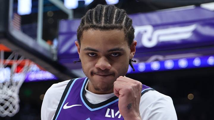 Jan 30, 2026; Salt Lake City, Utah, USA; Utah Jazz guard Keyonte George (3) reacts after a play against the Brooklyn Nets during the second half at Delta Center. Mandatory Credit: Rob Gray-Imagn Images Jan 30, 2026; Salt Lake City, Utah, USA; Utah Jazz guard Keyonte George (3) reacts after a play against the Brooklyn Nets during the second half at Delta Center. Mandatory Credit: Rob Gray-Imagn Images