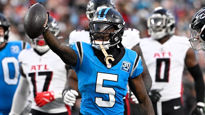 Oct 13, 2024; Charlotte, North Carolina, USA; Carolina Panthers wide receiver Diontae Johnson (5) reacts after making a catch in the second quarter at Bank of America Stadium. Mandatory Credit: Bob Donnan-Imagn Images