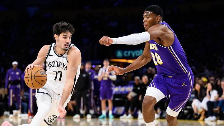 Mar 27, 2026; Los Angeles, California, USA; Brooklyn Nets guard Ben Saraf (77) drives against Los Angeles Lakers forward Rui Hachimura (28) during the first half at Crypto.com Arena. Mandatory Credit: William Liang-Imagn Images Mar 27, 2026; Los Angeles, California, USA; Brooklyn Nets guard Ben Saraf (77) drives against Los Angeles Lakers forward Rui Hachimura (28) during the first half at Crypto.com Arena. Mandatory Credit: William Liang-Imagn Images