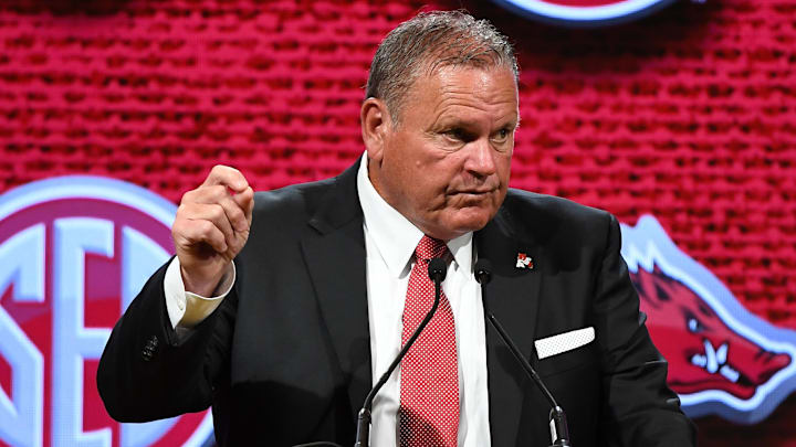Arkansas Razorback coach Sam Pittman talks with members of the media during SEC Media Day.