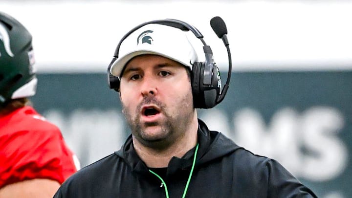 Michigan State's offensive coordinator Nick Sheridan works with the team during spring football practice on Tuesday, March 24, 2026, in East Lansing.