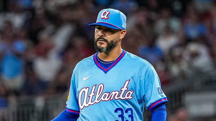 Aug 1, 2026; Cumberland, Georgia, USA; Atlanta Braves pitcher Martin Perez (33) reacts after giving up the first hit of the game by Washington Nationals third baseman Brady House (12) (not pictured) during the seventh inning at Truist Park. Mandatory Credit: Dale Zanine-Imagn Images Aug 1, 2026; Cumberland, Georgia, USA; Atlanta Braves pitcher Martin Perez (33) reacts after giving up the first hit of the game by Washington Nationals third baseman Brady House (12) (not pictured) during the seventh inning at Truist Park. Mandatory Credit: Dale Zanine-Imagn Images
