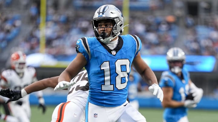 Aug 8, 2025; Charlotte, North Carolina, USA; Carolina Panthers wide receiver Jalen Coker (18) during the first quarter against the Cleveland Browns at Bank of America Stadium. Mandatory Credit: Jim Dedmon-Imagn Images