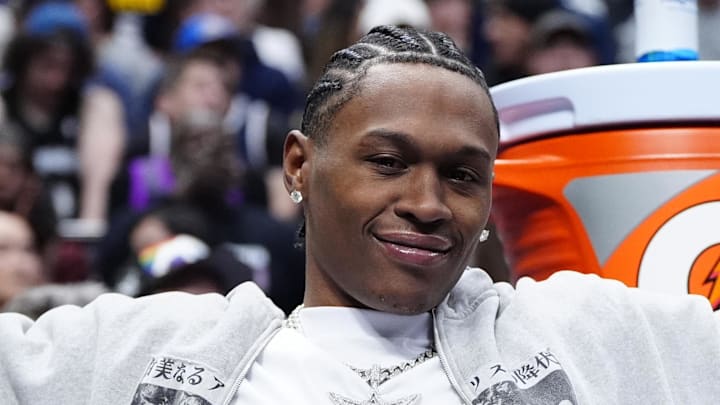 Mar 1, 2026; Denver, Colorado, USA; Denver Nuggets guard Peyton Watson (8) on the bench in the second quarter against the Minnesota Timberwolves at Ball Arena. Mandatory Credit: Ron Chenoy-Imagn Images
