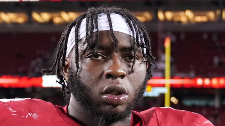 Sep 9, 2024; Santa Clara, California, USA; San Francisco 49ers offensive tackle Spencer Burford (74) after defeating the New York Jets at Levi's Stadium. Mandatory Credit: Darren Yamashita-Imagn Images