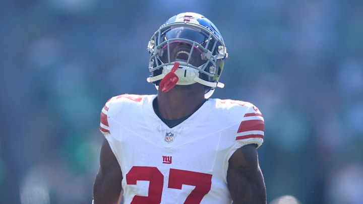 Oct 26, 2025; Philadelphia, Pennsylvania, USA; New York Giants safety Tyler Nubin (27) reacts before the game against the Philadelphia Eagles at Lincoln Financial Field. 