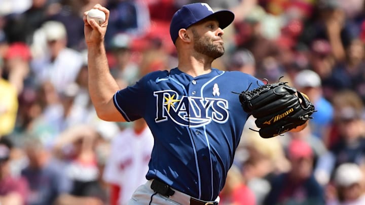 May 10, 2026; Boston, Massachusetts, USA;  Tampa Bay Rays pitcher Nick Martinez (28) pitches during the fifth inning against the Boston Red Sox at Fenway Park.