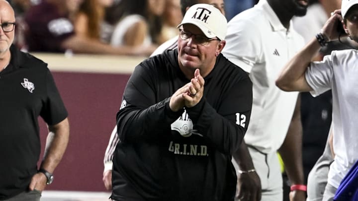 Texas A&M Aggies head coach Mike Elko reacts after the win over the Florida Gators at Kyle Field.