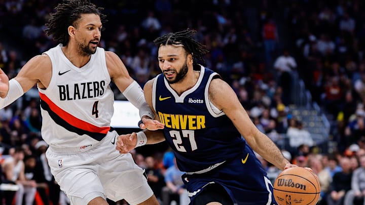 Apr 6, 2026; Denver, Colorado, USA; Denver Nuggets guard Jamal Murray (27) controls the ball as Portland Trail Blazers guard Matisse Thybulle (4) guards in the second quarter at Ball Arena. Apr 6, 2026; Denver, Colorado, USA; Denver Nuggets guard Jamal Murray (27) controls the ball as Portland Trail Blazers guard Matisse Thybulle (4) guards in the second quarter at Ball Arena.