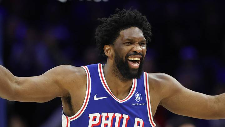 Jan 27, 2026; Philadelphia, Pennsylvania, USA; Philadelphia 76ers center Joel Embiid (21) reacts after his dunk against the Milwaukee Bucks during the second quarter at Xfinity Mobile Arena. Mandatory Credit: Bill Streicher-Imagn Images