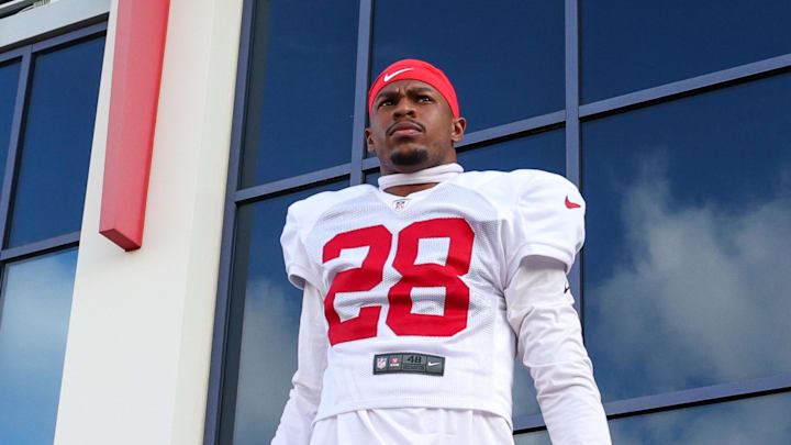 Aug 1, 2025; Tampa, FL, USA; Tampa Bay Buccaneers safety Shilo Sanders (28) warms up before training camp at AdventHealth Training Center. Mandatory Credit: Nathan Ray Seebeck-Imagn Images