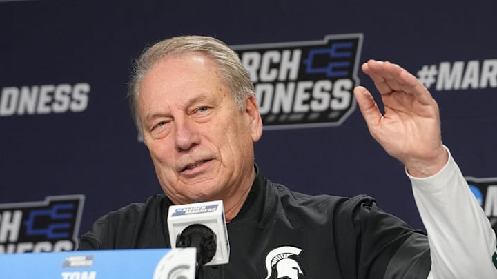 Mar 18, 2026; Buffalo, NY, USA; Michigan State Spartans Head Coach Tom Izzo answers questions during a press conference prior to a practice session ahead of the first round of the men's 2026 NCAA Tournament at Keybank Center. Mandatory Credit: Gregory Fisher-Imagn Images
