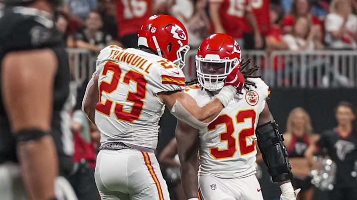 Sep 22, 2024; Atlanta, Georgia, USA; Kansas City Chiefs linebacker Drue Tranquill (23) and linebacker Nick Bolton (32) react after the Chiefs stopped the Atlanta Falcons on fourth down during the second half at Mercedes-Benz Stadium. Mandatory Credit: Dale Zanine-Imagn Images Sep 22, 2024; Atlanta, Georgia, USA; Kansas City Chiefs linebacker Drue Tranquill (23) and linebacker Nick Bolton (32) react after the Chiefs stopped the Atlanta Falcons on fourth down during the second half at Mercedes-Benz Stadium. Mandatory Credit: Dale Zanine-Imagn Images