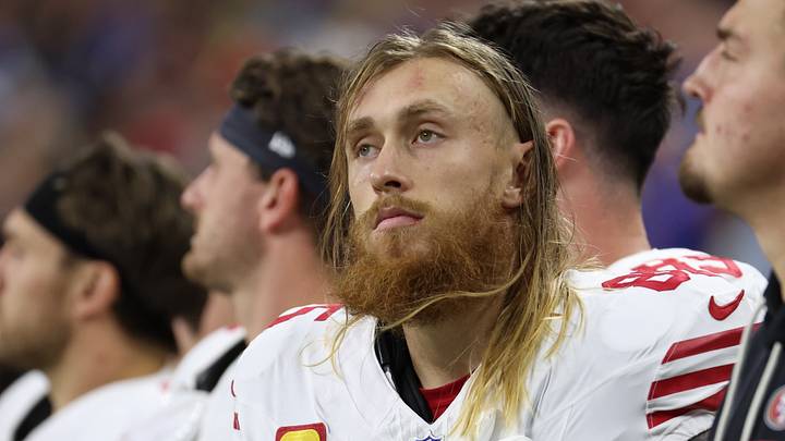 San Francisco 49ers tight end George Kittle looks on during the National Anthem prior to the game. San Francisco 49ers tight end George Kittle looks on during the National Anthem prior to the game.