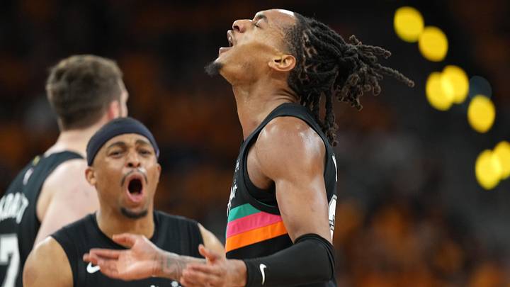 Apr 19, 2026; San Antonio, Texas, USA; San Antonio Spurs guard Devin Vassell (24) reacts after scoring a three-point basket during the second half of game one of the first round of the 2026 NBA Playoffs against the Portland Trail Blazers at Frost Bank Center. Mandatory Credit: Scott Wachter-Imagn Images