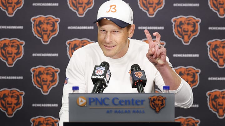 Chicago Bears head coach Ben Johnson speaks during training camp at Halas Hall.