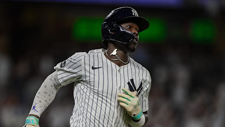 Aug 24, 2025; Bronx, New York, USA; New York Yankees second baseman Jazz Chisholm Jr. (13) runs the bases after hitting a two run home run during the eighth inning against the Boston Red Sox at Yankee Stadium. Mandatory Credit: John Jones-Imagn Images