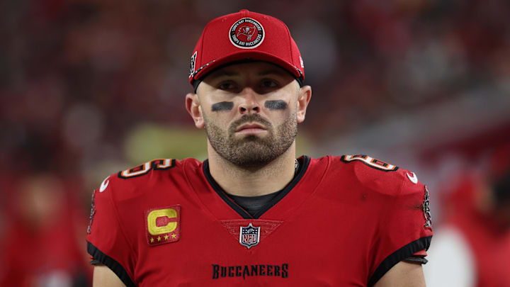 Jan 12, 2025; Tampa, Florida, USA; Tampa Bay Buccaneers quarterback Baker Mayfield (6) during the second quarter of a NFC wild card playoff against the Washington Commanders at Raymond James Stadium. Mandatory Credit: Kim Klement Neitzel-Imagn Images