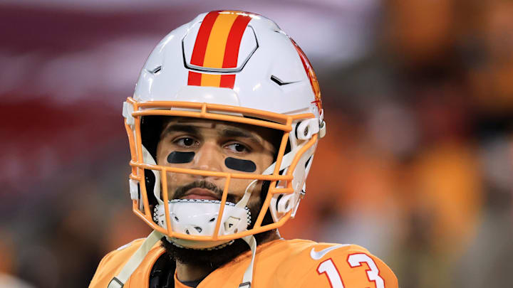 Dec 11, 2025; Tampa, Florida, USA; Tampa Bay Buccaneers wide receiver Mike Evans (13) looks on during warmups before the game against the Atlanta Falcons at Raymond James Stadium. Mandatory Credit: Kim Klement Neitzel-Imagn Images