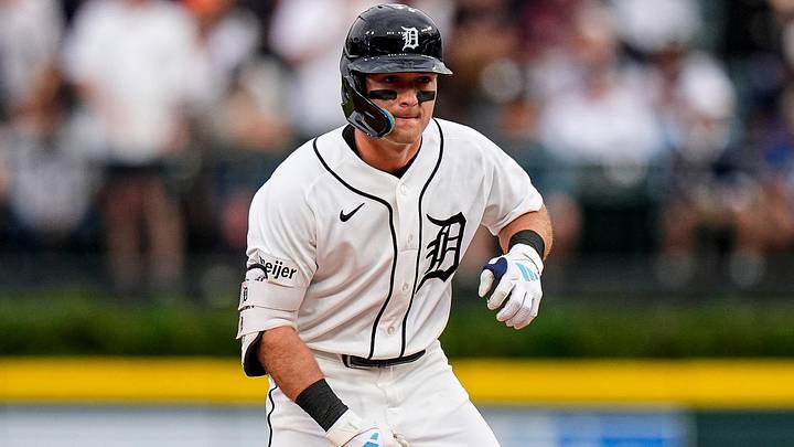 Detroit Tigers third baseman Kevin McGonigle (7) celebrates batting a double. 