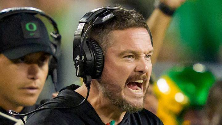 Oregon head coach Dan Lanning cheers on his team as the Oregon Ducks host the Portland State Vikings on Sept. 18, 2026, at Autzen Stadium in Eugene, Oregon.