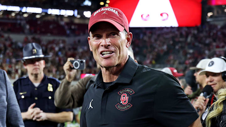 Oklahoma Sooners head coach Brent Venables celebrates after Oklahoma defeated the Alabama Crimson Tide 23-21 at Saban Field at Bryant-Denny Stadium. 