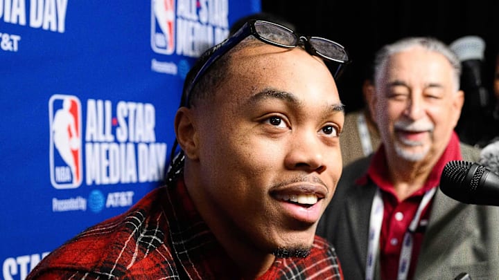 Scottie Barnes speaks during interviews at media day at Intuit Dome.