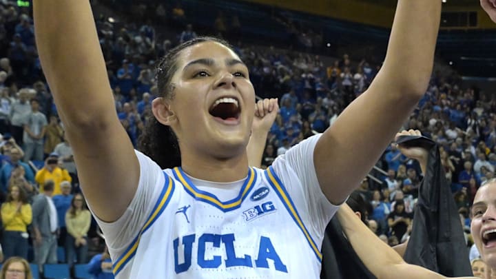 Mar 23, 2026; Los Angeles, CA, USA;  UCLA Bruins center Lauren Betts (51) celebrates with her team after defeating against the Oklahoma State Cowboys in the second round of the women’s NCAA tournament at Pauley Pavilion. Mandatory Credit: Jayne Kamin-Oncea-Imagn Images