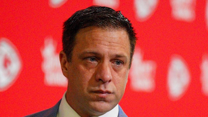 Nov 10, 2024; Kansas City, Missouri, USA; Kansas City Chiefs general manager Brett Veach arrives to the stadium prior to a game against the Denver Broncos at GEHA Field at Arrowhead Stadium. Mandatory Credit: Denny Medley-Imagn Images