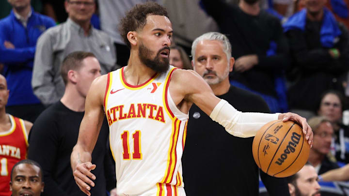 Trae Young #11 of the Atlanta Hawks reacts to his ejection against the Orlando Magic.
