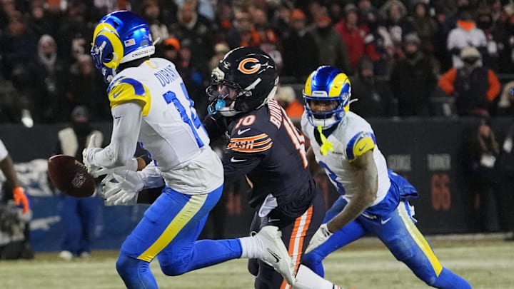 Jan 18, 2026; Chicago, IL, USA; Los Angeles Rams cornerback Cobie Durant (14) breaks up a pass intended for Chicago Bears wide receiver Luther Burden III (10) during the fourth quarter of an NFC Divisional Round game at Soldier Field. Mandatory Credit: David Banks-Imagn Images
