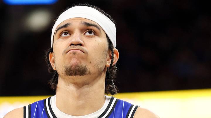 Jan 9, 2026; Orlando, Florida, USA; Orlando Magic guard Anthony Black (0) looks on against the Philadelphia 76ers in the fourth quarter at Kia Center. Mandatory Credit: Nathan Ray Seebeck-Imagn Images