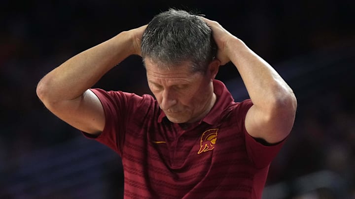 Jan 27, 2025; Los Angeles, California, USA; Southern California Trojans head coach Eric Musselman reacts against the UCLA Bruins in the first half at Galen Center. Mandatory Credit: Kirby Lee-Imagn Images