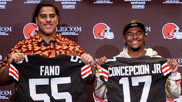 Cleveland Browns first round draft picks Spencer Fano, left, and KC Concepcion 