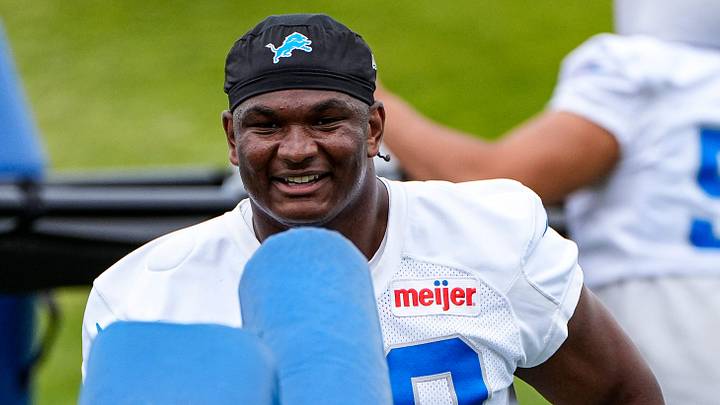 Detroit Lions defensive lineman Skyler Gill-Howard (50) warms up before practice during mini camp at Meijer Performance Center in Allen Park on Wednesday, June 17, 2026.