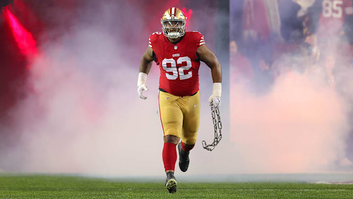 Dec 30, 2024; Santa Clara, California, USA; San Francisco 49ers defensive tackle Jordan Elliott (92) during the game against the Detroit Lions at Levi's Stadium. Mandatory Credit: Sergio Estrada-Imagn Images