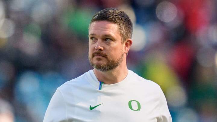 Oregon head coach Dan Lanning walks the field during warmups as the Oregon Ducks take on the Texas Tech Red Raiders in the Orange Bowl on Jan. 1, 2026, at Hard Rock Stadium in Miami, Florida.