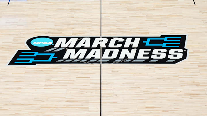 Mar 21, 2024; Spokane, WA, USA; A general overall view of the March Madness logo at center court of the Spokane Veterans Memorial Arena. Mandatory Credit: Kirby Lee-Imagn Images