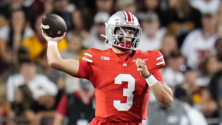Ohio State Buckeyes quarterback Lincoln Kienholz (3) throws during the NCAA football game against the Minnesota Golden Gophers at Ohio Stadium in Columbus on Oct. 4, 2025.