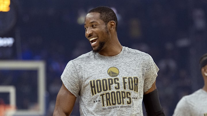 Nov 9, 2025; San Francisco, California, USA; Golden State Warriors forward Jonathan Kuminga (1) warms up before facing the Indiana Pacers at Chase Center. Mandatory Credit: D. Ross Cameron-Imagn Images