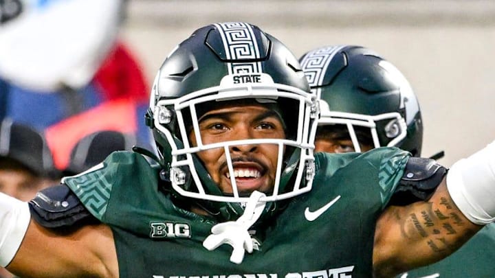 Michigan State's Nikai Martinez celebrates his interception against Florida Atlantic during the second quarter on Friday, Aug. 30, 2024, at Spartan Stadium in East Lansing.
