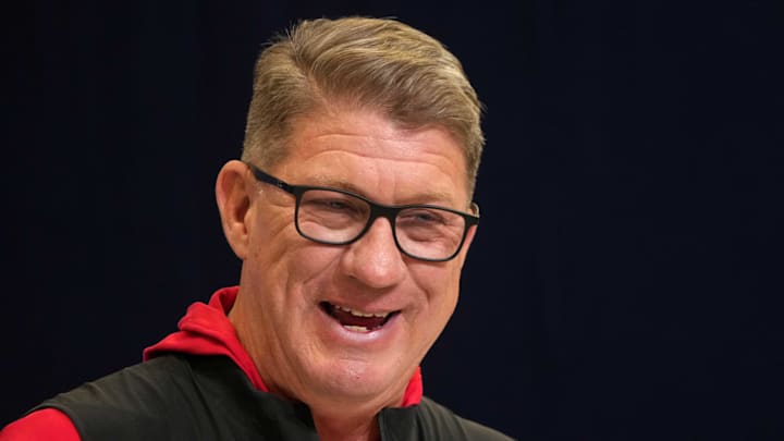 Feb 25, 2025; Indianapolis, IN, USA; Tampa Bay Buccaneers general manager Jason Licht speaks during the NFL Scouting Combine at the Indiana Convention Center. Mandatory Credit: Kirby Lee-Imagn Images