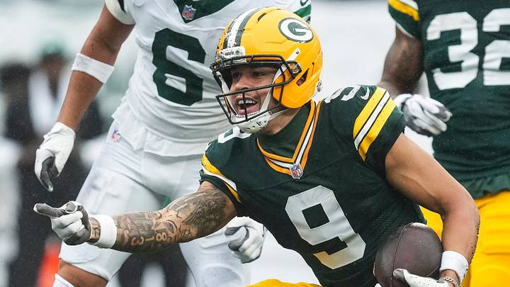 Green Bay Packers wide receiver Christian Watson (9) celebrates during a game against the New York Jets on Sunday. Green Bay Packers wide receiver Christian Watson (9) celebrates during a game against the New York Jets on Sunday.