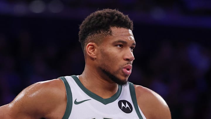 Nov 28, 2025; New York, New York, USA; Milwaukee Bucks forward Giannis Antetokounmpo (34) looks back during the second half against the New York Knicks at Madison Square Garden. Mandatory Credit: Vincent Carchietta-Imagn Images
