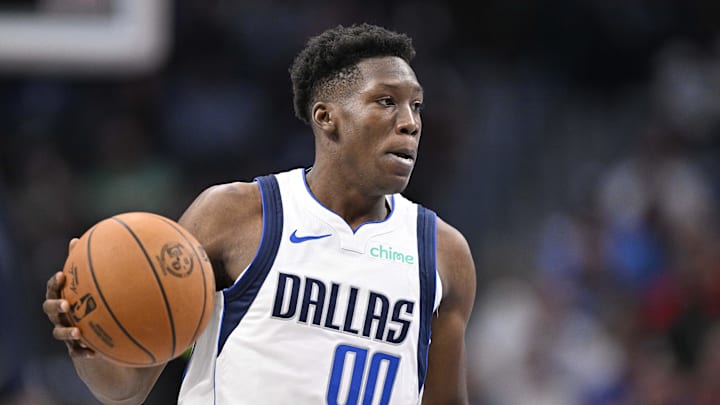 Oct 7, 2024; Dallas, Texas, USA; Dallas Mavericks guard Jazian Gortman (00) in action during the game between the Dallas Mavericks and the Memphis Grizzlies at American Airlines Center. Mandatory Credit: Jerome Miron-Imagn Images